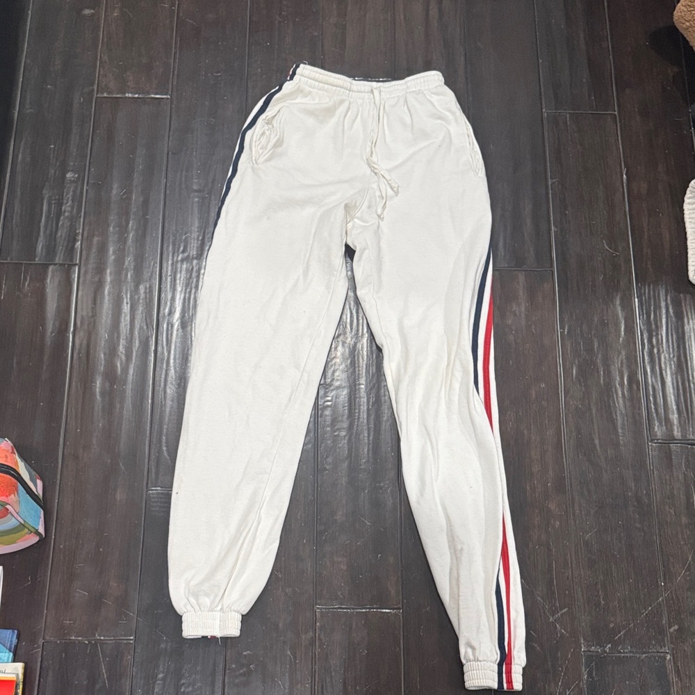 Brandy Melville White Joggers with Red and Blue Stripes